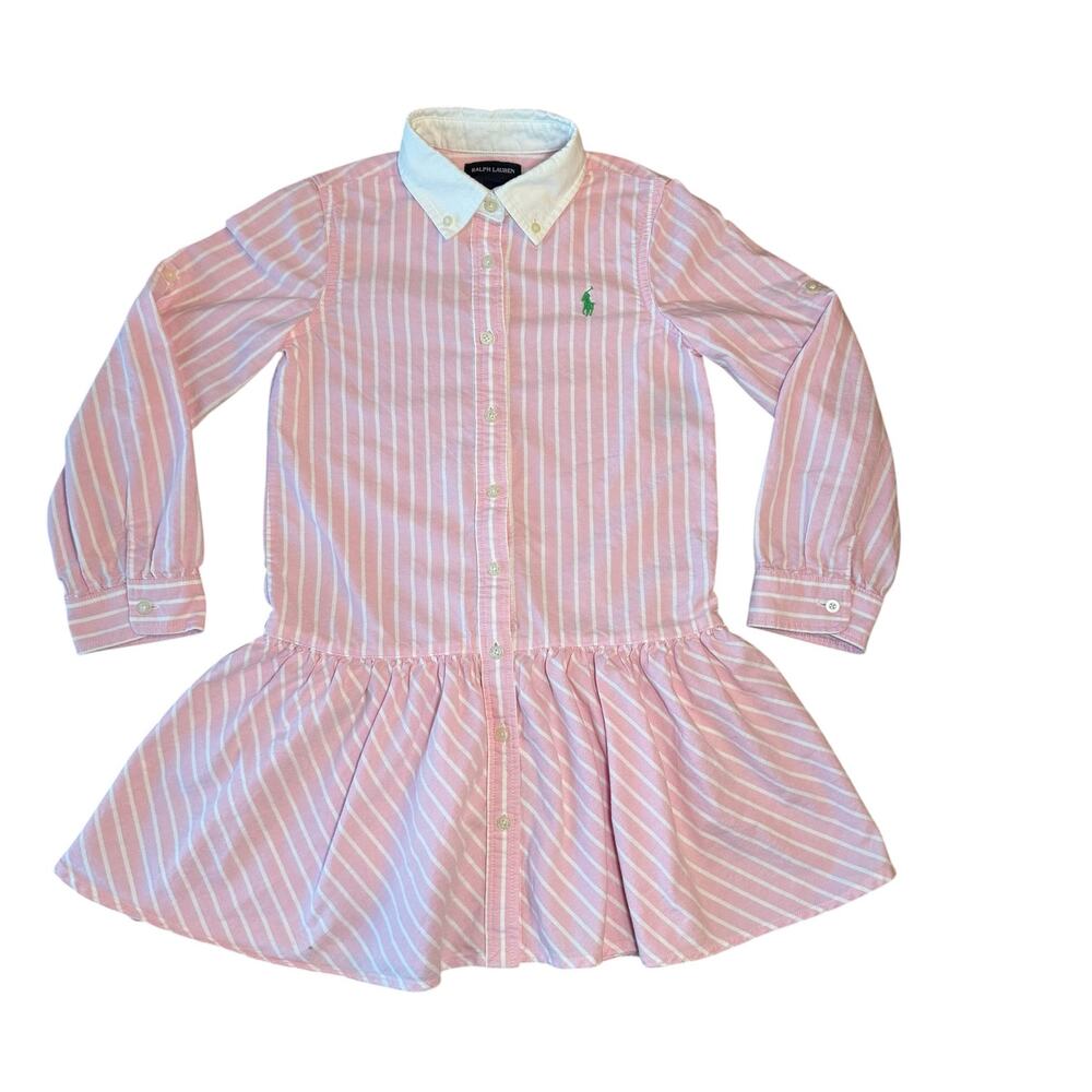 Ralph Lauren Vintage Pink Striped Green Pony Long Sleeve Dress Big Girl Sz 7